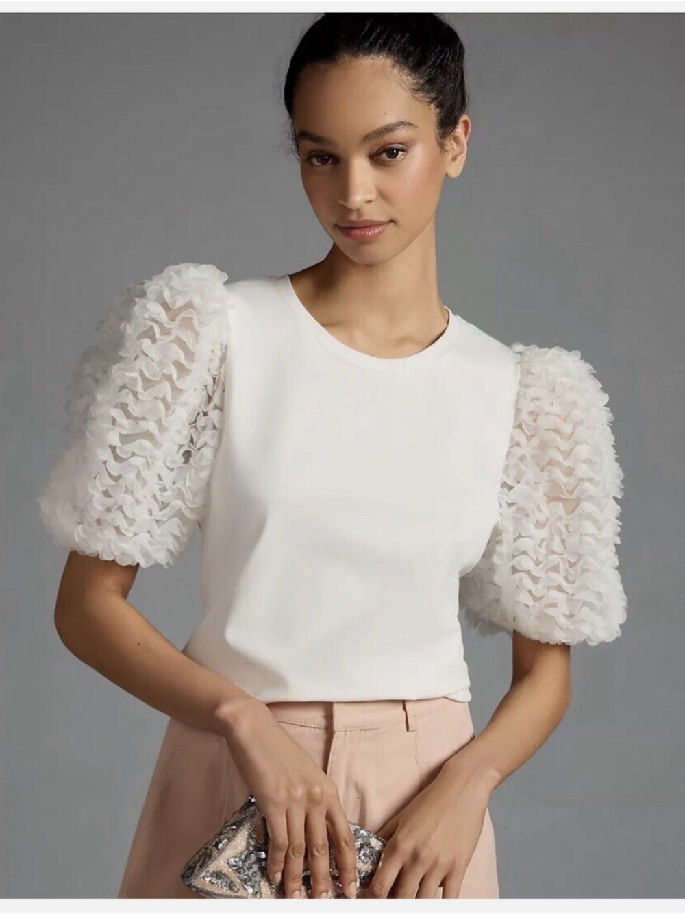 Flat White x Anthropologie White Puff-Sleeve Ruffle Top Size Small
